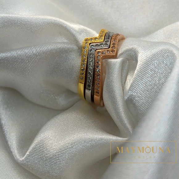 925 Sterling Silver Triple Zigzag Ring Set 3-tone - Picture 5 of 12